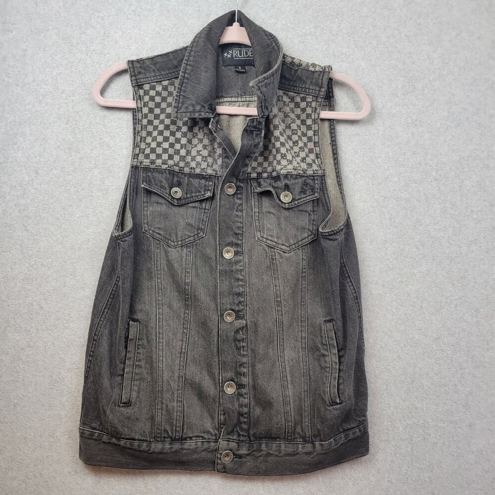 RUDE Gray Checkered Denim Vest